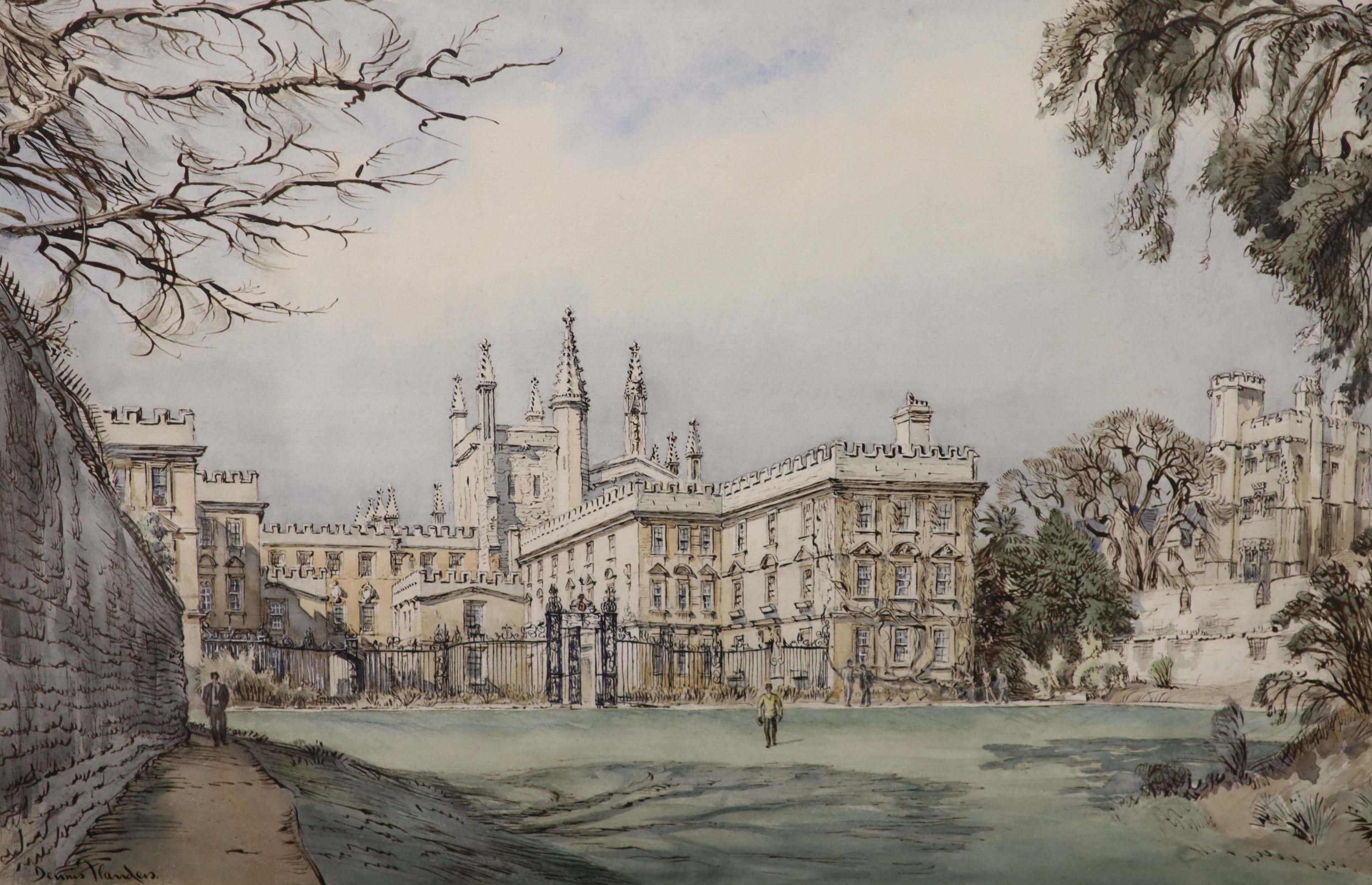 Dennis Flanders (1915-1994), watercolour, Oxford New College from the garden, signed with labelled verso, 30 x 46cm